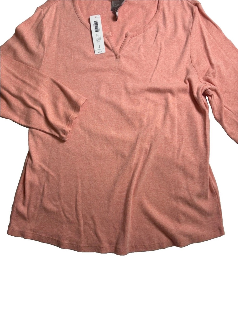 Chico's Skylar Split Neck Top Size 2 US Large Coral Haze Heather 3/4 Sleeve - Picture 4 of 10
